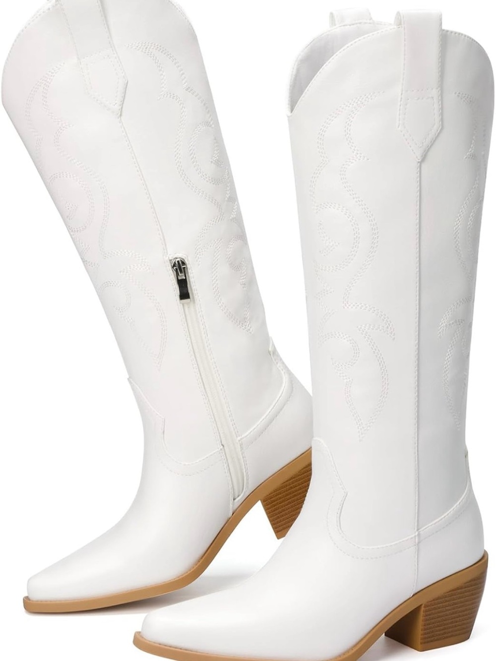 Women's White Western Heeled Boots with Side Zip